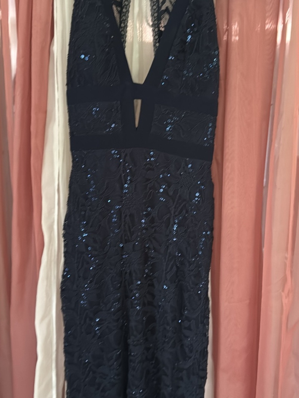 B Darlin Navy Sequin Strapless Plunge Evening Gown